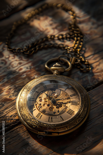 Tilted angle view of an antique brass pocket watch