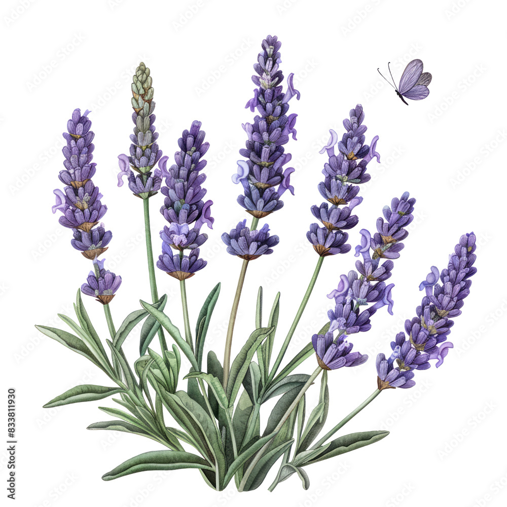 Fototapeta premium Bunch of lavender flowers isolated on white background in garden setting with tags flower, nature, lavender, purple, plant, flowers, spring, summer, bloom, blossom, field, flora, blue, violet, floral,