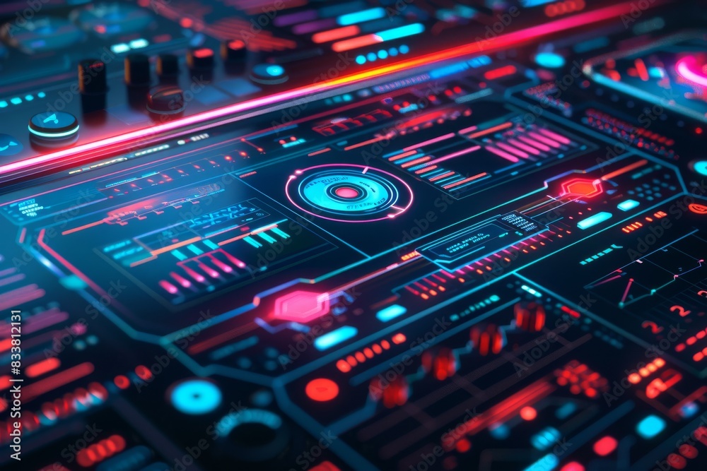 Design a futuristic holographic interface for a tech application, featuring sleek lines and vibrant colors Design a futuristic holographic interface for a tech application, featuring sleek lines and vibrant colors