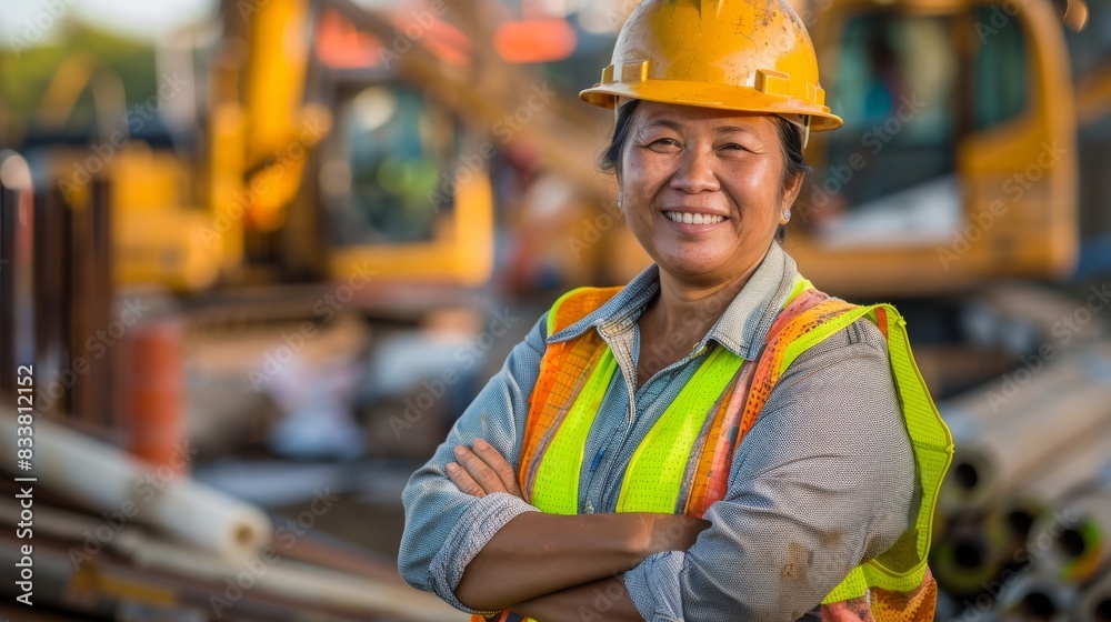 Experienced Indonesian Female Construction Worker Smiling, Wearing Safety Gear, Hardhat, High-Visibility Vest Experienced Indonesian Female Construction Worker Smiling, Wearing Safety Gear, Hardhat, High-Visibility Vest