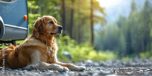 Golden retriever eagerly anticipates outdoor adventure while basking in the sun by camper. Concept Golden Retriever, Outdoor Adventure, Sunbathing, Camper, Excitement photo