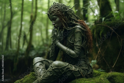 Ethereal forest nymph sits pensive amidst lush greenery in a misty woodland