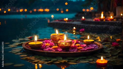Diwali decoration with diya lamp featuring natural view likes pond and temple