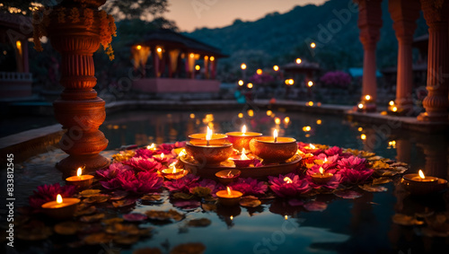 Diwali decoration with diya lamp featuring natural view likes pond and temple
