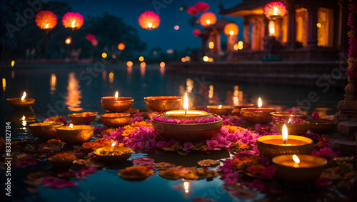 Diwali decoration with diya lamp featuring natural view likes pond and temple