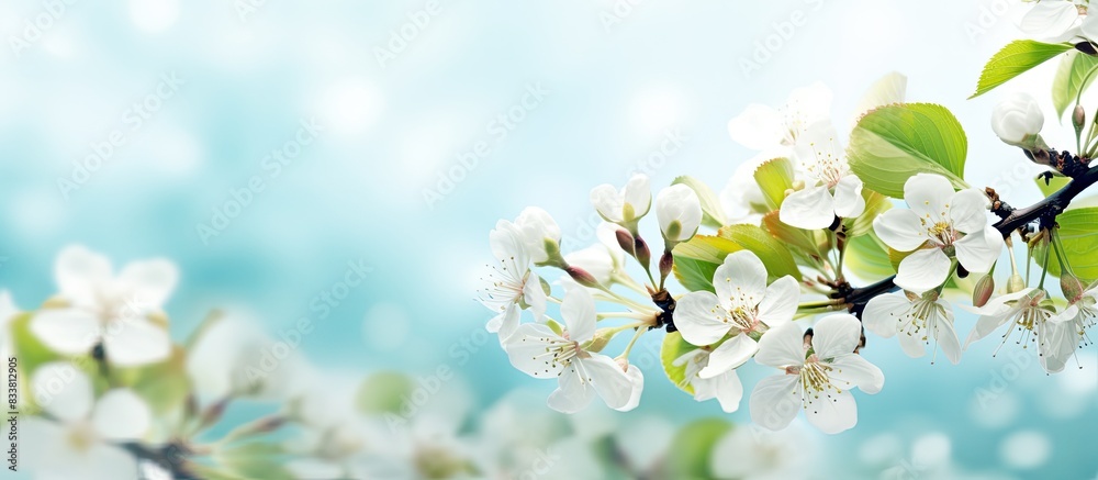 Spring background with apple blossoms set against a blurred natural backdrop, showcasing a serene and vibrant copy space image. Spring background with apple blossoms set against a blurred natural backdrop, showcasing a serene and vibrant copy space image.