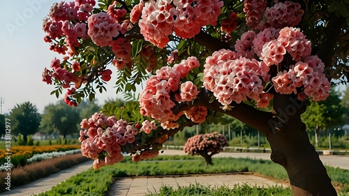 a beautifull flower tree is in the gardon flower patels are flow towerds the land more different flowers are arround the tree.very beautifull gardon view some roses plants are arround there photo