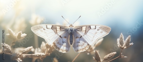 A geometrid moth captured in the serene beauty of a summer setting, showcasing its delicate features against a calming backdrop with copy space image. photo