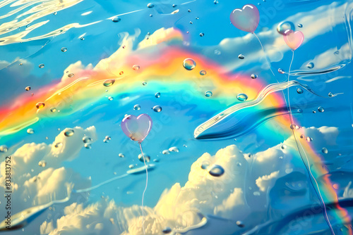 Soap bubbles in shape of heart and rainbow with clouds in the sky.