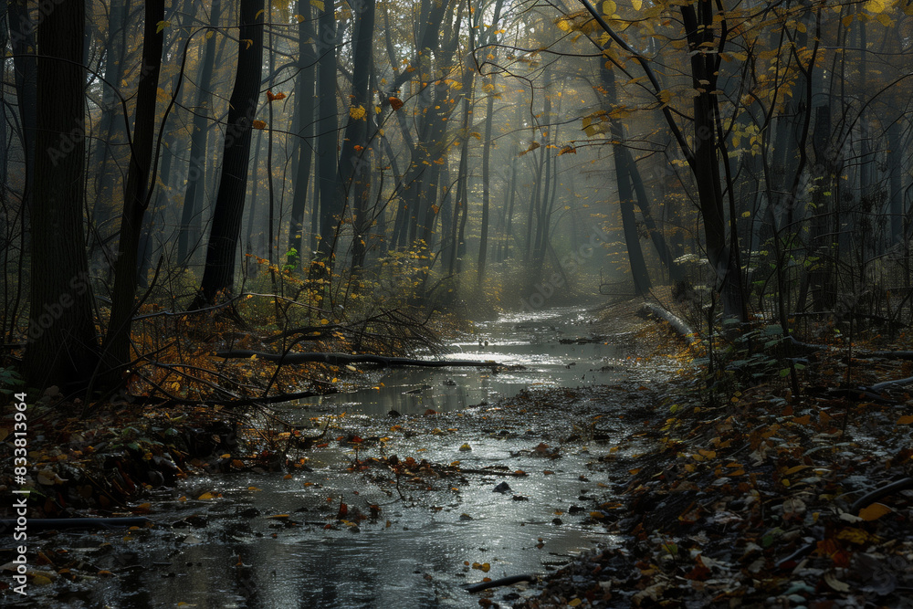 Obraz premium As the autumn sun struggles to pierce through the thick blanket of fog, the forest transforms into a mysterious realm of ethereal beauty.