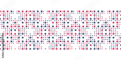 Seamless vector pattern Border with little red and blue stars on white background. 4th July irregular abstract geometric pattern. Independence day background.