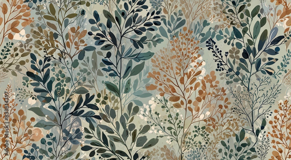 Fototapeta delicate and intricate abstract floral pattern with soft, pastel-toned branches and leaves.