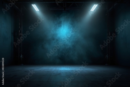 Concrete stage, spotlights shining with colored light, fog, special effects, background, copy space.