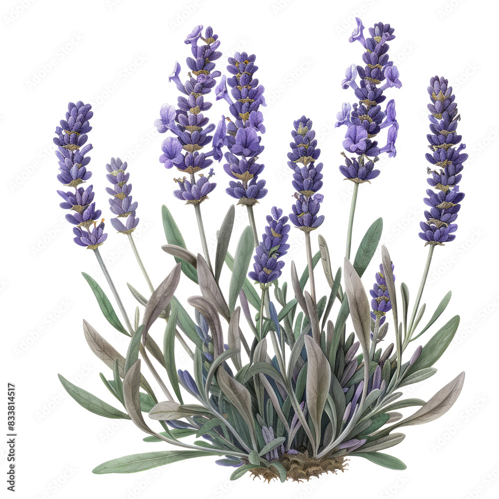 Naklejka premium Lavender flowers in a white background, surrounded by tags like flower, nature, purple, and summer, form the essence of this beautiful image