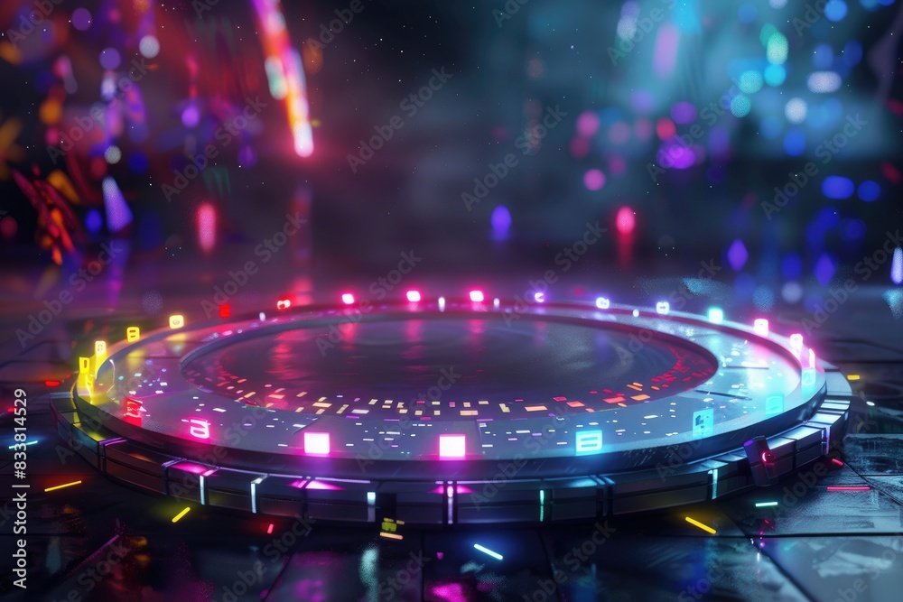 A circular platform with embedded LED lights that glow in vibrant colors, set in a dark, futuristic environment with holographic elements A circular platform with embedded LED lights that glow in vibrant colors, set in a dark, futuristic environment with holographic elements
