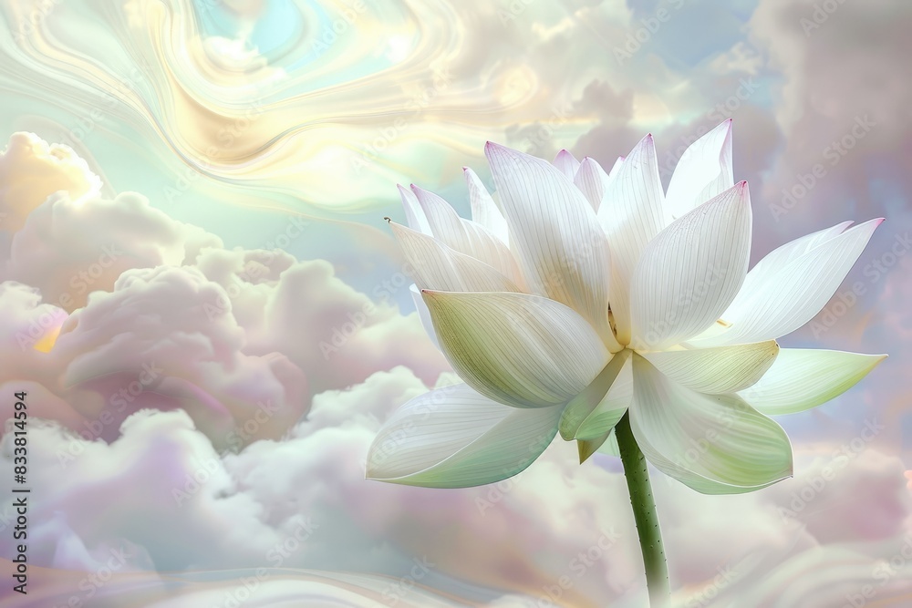 A close-up of a delicate lotus flower with soft pastel petals, set against a dreamy, abstract background of swirling pastel clouds, with ample copy space