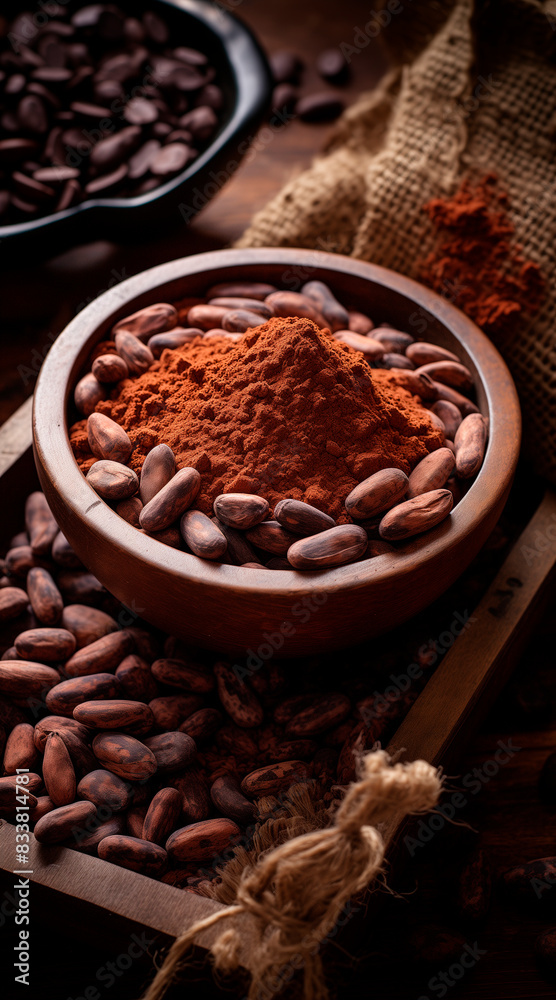 Fototapeta premium cocoa beans and cocoa powder. vertical composition