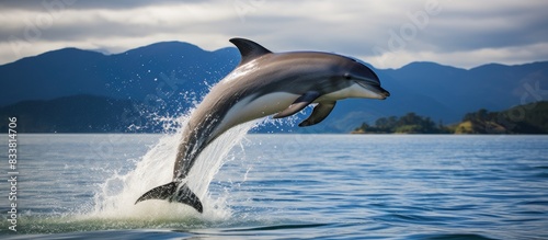 Dolphin leaping in the waters off Bruny Island, Tasmania, with a scenic backdrop and copy space image. photo