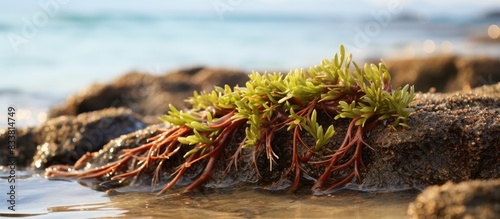 A brown algae known as toothed wrack (Fucus serratus) originating from the Atlantic Ocean is shown in the copy space image.