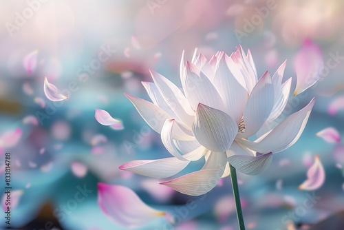 A close-up of a lotus flower with petals gently floating around it in a pastel abstract background  creating a serene and surreal environment with copy space