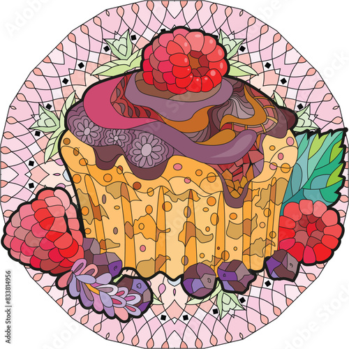 Vector cupcake with chocolate and raspberry for decoration