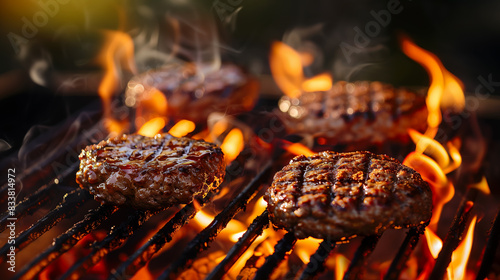 Juicy grilled beef burger meat patties sizzling on the barbecue with fire photo