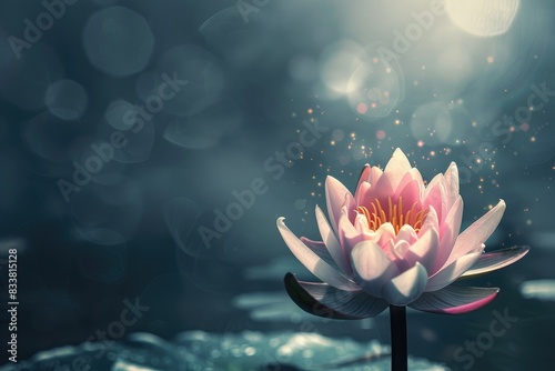 A lotus flower in an abstract, enchanted pond with pastel reflections and floating light particles, providing a dreamy background with copy space