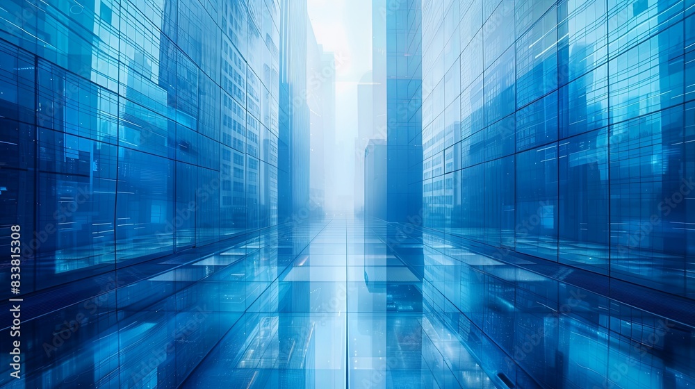 Abstract Cityscape with Glass Buildings and Skyscrapers in Blue Tones, Reflecting Urban Development and Business District. Photorealistic 3D Rendering Highlighting Modern Architecture Abstract Cityscape with Glass Buildings and Skyscrapers in Blue Tones, Reflecting Urban Development and Business District. Photorealistic 3D Rendering Highlighting Modern Architecture