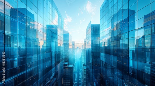 Abstract Cityscape with Glass Buildings and Skyscrapers in Blue Tones, Reflecting Urban Development and Business District. Photorealistic 3D Rendering Highlighting Modern Architecture