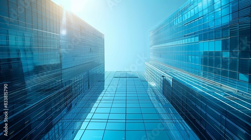 Abstract Cityscape with Glass Buildings and Skyscrapers in Blue Tones, Reflecting Urban Development and Business District. Photorealistic 3D Rendering Highlighting Modern Architecture