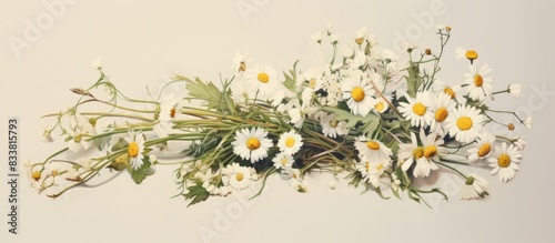 Vintage style bouquet made of chamomile wild flowers, with space for text or graphics in the image. with copy space image. Place for adding text or design