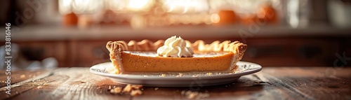 An elegant, dimly lit shot of a pumpkin pie with whipped cream at a holiday gathering, the warm ambient light enhancing the cozy atmosphere, panoramic negative space above for mini photo