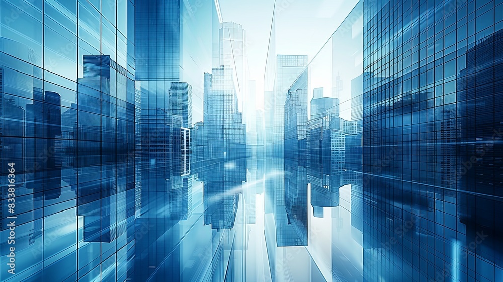 Abstract Cityscape with Glass Buildings and Skyscrapers in Blue Tones, Reflecting Urban Development and Business District. Photorealistic 3D Rendering Highlighting Modern Architecture Abstract Cityscape with Glass Buildings and Skyscrapers in Blue Tones, Reflecting Urban Development and Business District. Photorealistic 3D Rendering Highlighting Modern Architecture