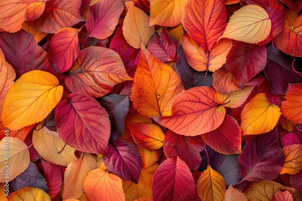 A top-down view of a canopy of autumn leaves in vibrant shades of red, orange, and yellow, creating a warm and inviting background