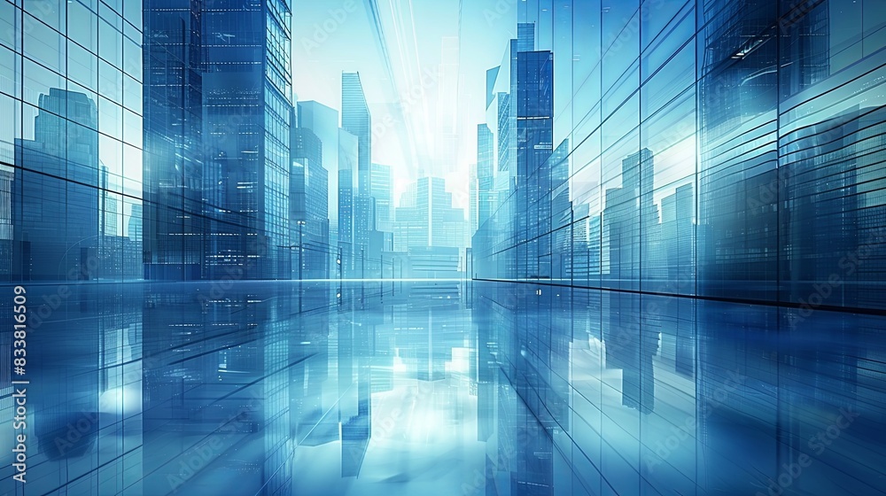 Abstract Cityscape with Glass Buildings and Skyscrapers in Blue Tones, Reflecting Urban Development and Business District. Photorealistic 3D Rendering Highlighting Modern Architecture Abstract Cityscape with Glass Buildings and Skyscrapers in Blue Tones, Reflecting Urban Development and Business District. Photorealistic 3D Rendering Highlighting Modern Architecture