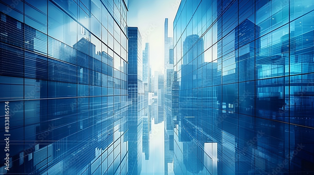 Abstract Cityscape with Glass Buildings and Skyscrapers in Blue Tones, Reflecting Urban Development and Business District. Photorealistic 3D Rendering Highlighting Modern Architecture。 Abstract Cityscape with Glass Buildings and Skyscrapers in Blue Tones, Reflecting Urban Development and Business District. Photorealistic 3D Rendering Highlighting Modern Architecture。