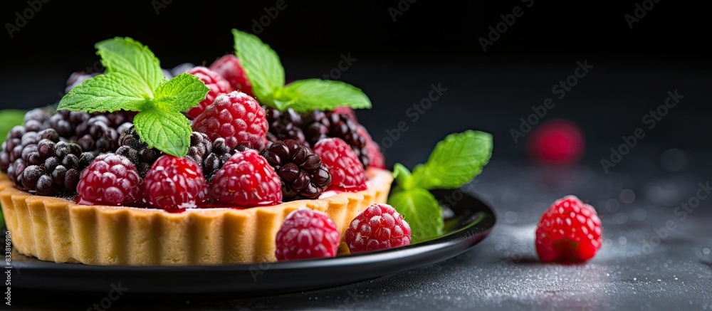 A Blackberry tart with a garnish of raspberries, mint, and star anise on a background with copy space image. A Blackberry tart with a garnish of raspberries, mint, and star anise on a background with copy space image.