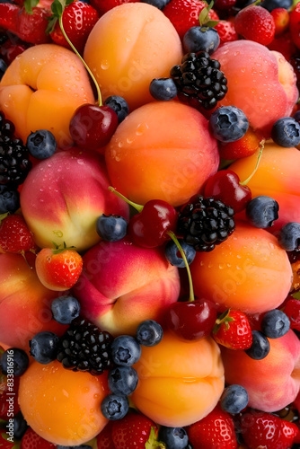 beautiful studio background  image with ripe peaches and different berries. close up.  digital artwork.  Ai generated.