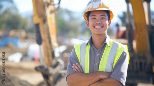 Enthusiastic Southeast Asian Construction Worker, Smiling in Safety Gear at Active Construction Site