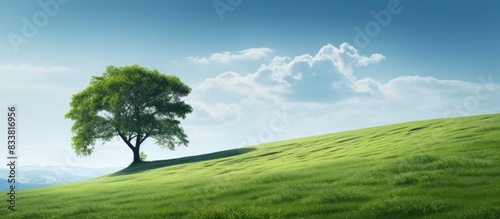 A solitary tree and hill set against a lush green backdrop create a serene scene with a peaceful ambiance  ideal for a copy space image.