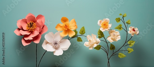 Small paper flowers that appear miniature in comparison to standard-sized paper flowers in a copy space image.