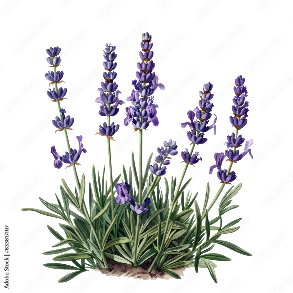 Naklejka premium Lavender flowers isolated on white background in a bunch, representing beauty of nature with purple, blue, and pink tones, ideal for garden and summer themes