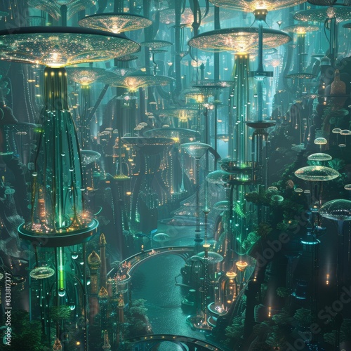 Illustrate a fantastical underwater city teeming with bioluminescent plants and holographic sea creatures, in a hyper-realistic digital art format © Pornarun