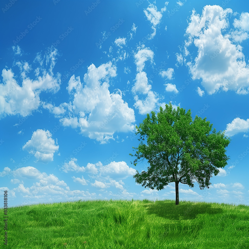 Obraz premium A solitary tree stands tall atop a gentle hill, its branches reaching outwards like the arms of a guardian embracing the sky