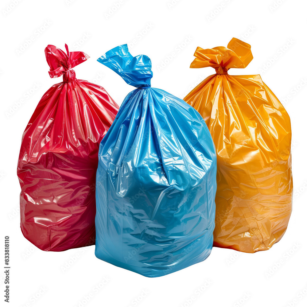 Colorful plastic garbage bags in red, blue, and yellow, tied at the top, isolated on a white background. Colorful plastic garbage bags in red, blue, and yellow, tied at the top, isolated on a white background.