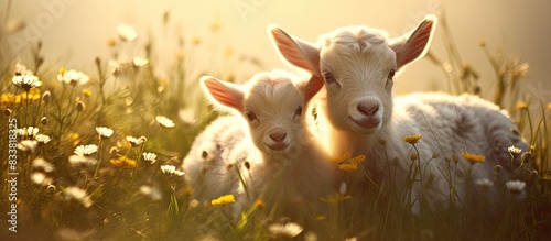 Adorable baby goats with their mothers enjoy the warm season as pets with a charming demeanor, perfect for a copy space image.