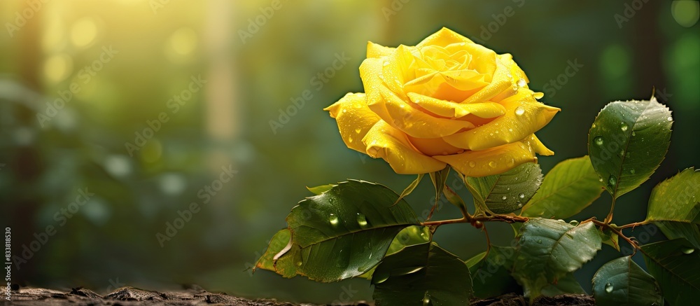 In a green garden, there is a yellow rose adding a pop of color against a serene backdrop, creating a picturesque scene with copy space image. In a green garden, there is a yellow rose adding a pop of color against a serene backdrop, creating a picturesque scene with copy space image.