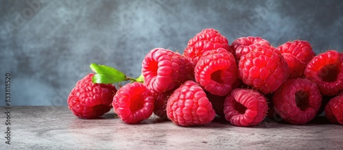 Raspberries showcased on a textured stone surface, providing an artistic display with ample copy space image. photo