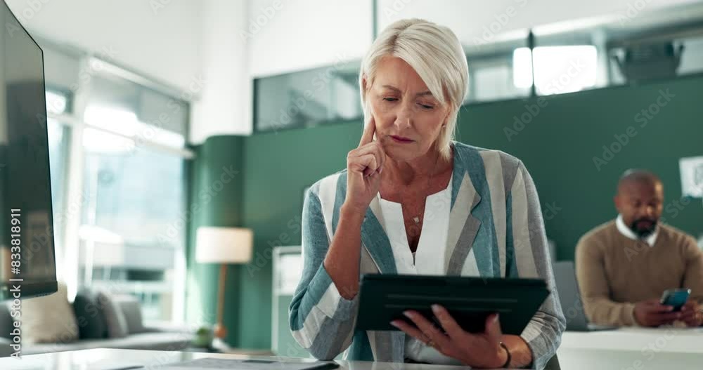 Thinking, problem solving or mature businesswoman on tablet reading news for project task or solution. Financial research, doubt or confused account manager checking investment for question in office Thinking, problem solving or mature businesswoman on tablet reading news for project task or solution. Financial research, doubt or confused account manager checking investment for question in office