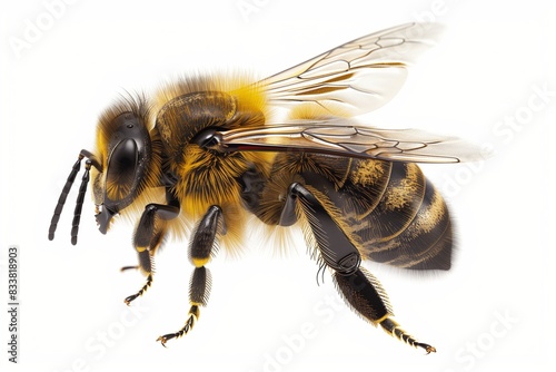A realistic, high-definition image of a bee showing its fine hairs and vivid colors, sharply isolated on a transparent background. © Rafia